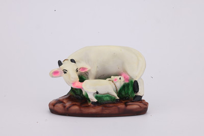 Diligent Colorful Cow and Calf Statue Polyresin Statue Decorative Showpiece  -  7.5 cm(Polyresin, White, Brown)
