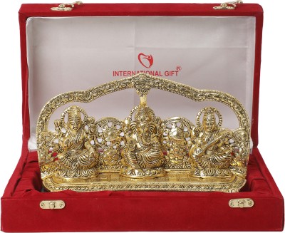 INTERNATIONAL GIFT Gold Plated Laxmi Ganesh Saraswati Idol With Box & Bag | For Pooja, Mandir Decorative Showpiece  -  7 cm(Aluminium, Gold)