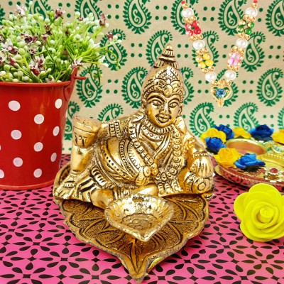 NOKTUS Kuber ji Sitting On Leaf With Diya Idol God of Wealth Prosperity, With Mala Aluminium Table Diya(Height: 3.5 inch)