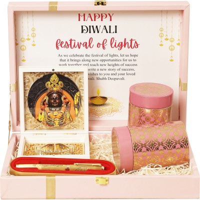 INTERNATIONAL GIFT Gold Plated Ram Lala Idol Charan Paduka Box With Pen & 2 Box | For Gift Hamper Decorative Showpiece  -  6 cm(Metal, Black)