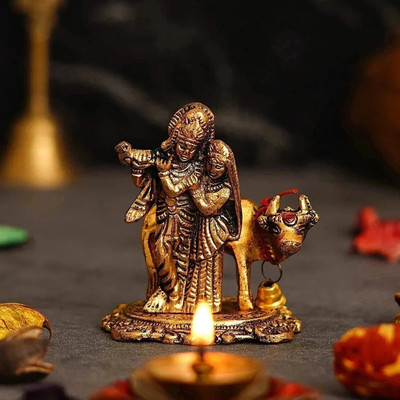 Koolwal craft Lord Radha Krishna Murti with Cow | Love Couple Statue of Radha Krishna ji Decorative Showpiece  -  9 cm(Metal, Gold)