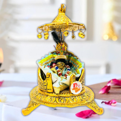 DARIDRA BHANJAN Singhasan for Laddu Gopal/Bal Gopal Singhasan & Bal Gopal Murti with Dress Set Decorative Showpiece  -  18 cm(Brass, Gold)