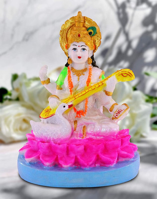 Idole Marble Dust Beautiful Maa Saraswati Murti Sculpture Hindu Goddess Saraswati Ji Decorative Showpiece  -  8 cm(Marble, Multicolor)