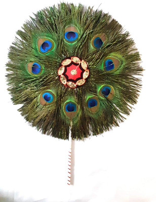 Rajmart Global Pack of 1 Decorative Feathers(25 CM Diameter Round Shape Real Mor Pankh Hand Fan for Krishna Ji Decoration Peacock Feather)
