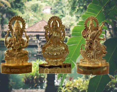 DARIDRA BHANJAN Laxmi Ganesh Saraswati, Metal Laxmi Ganesha Statue,Ganesha,ganesh ji Decorative Showpiece  -  12 cm(Metal, Yellow)