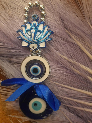 Global Reach Evil Eye Wall Hanging with Lotus and Ganesh Face for Good Luck in your Home Decorative Showpiece  -  16 cm(Glass, Blue)