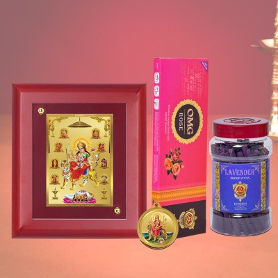DIVINITI Navratri Combo 24K GoldPlated Nav Durga Maa Frame & Pendant|Incense Sticks|Dhoop Decorative Showpiece  -  5 cm(Gold Plated, Multicolor)