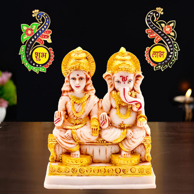 NOKTUS Laxmi Ganesh Murti Marble Statue for Pooja Room | Shubh Laabh Peacock Design Decorative Showpiece  -  12 cm(Stone, Gold)