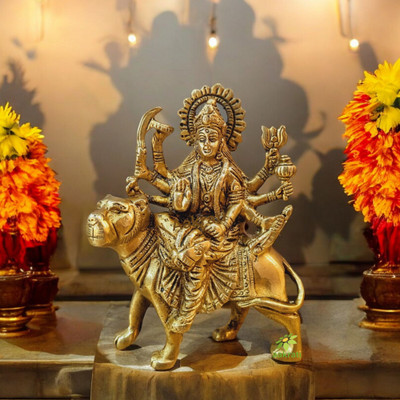Aakrati Sculptures And Statues Ma Durga Idol Religious Hindu temple worship Home Décor Murti Decorative Showpiece  -  14 cm(Brass, Yellow)