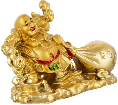 Kanha Enterprises Feng Shui Happy Man Laughing Buddha Drag The Money Potli Figurine Decorative Showpiece  -  12 cm(Resin, Gold)
