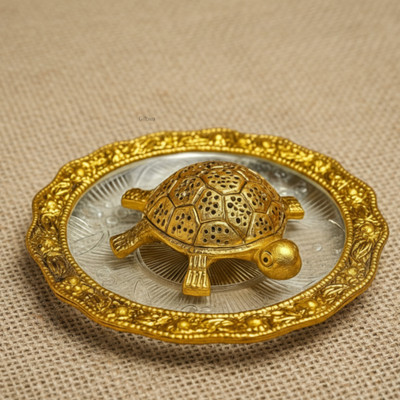 GIFTWA Kachhua (Turtle) with Plate Decorative Showpiece Decorative Showpiece  -  13 cm(Metal, Crystal, Brown)