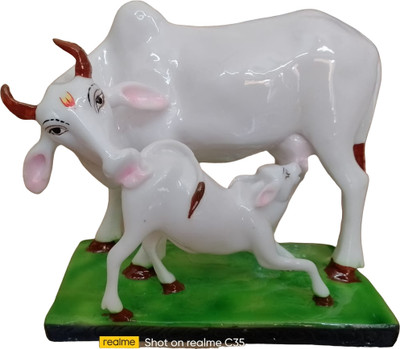 ARBUDA HANDICRAFTS kamdhenu cow and calf statue Decorative Showpiece  -  27 cm(Marble, White)