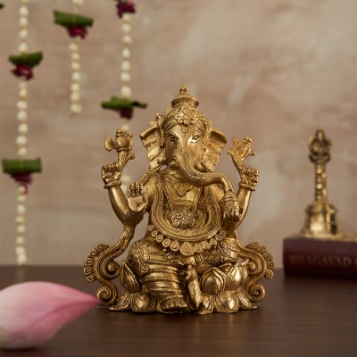 DecorTwist Brass Lord Ganesha Idol Ganesh Statue Ganpati Murti For Home Temple Office Decor Decorative Showpiece  -  21 cm(Brass, Gold)