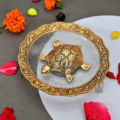 ASTROTALKS Brass Tortoise on Glass Plate, Vastu Tortoise Statue for Good Health| Decorative Showpiece  -  14 cm(Brass, Gold)