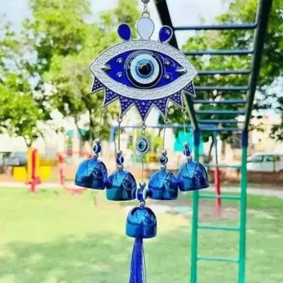 Global Reach 5 Bells Evil Eye Wall Hanging - Good Luck Charm & Prosperity Decor for Your Home Decorative Showpiece  -  40 cm(Metal, Blue)