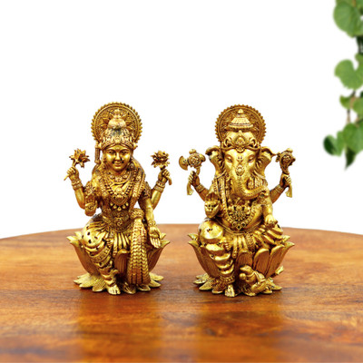 STARLIGHT Gold Plated Laxmi Ganesh – Premium Metal Idol for Pooja & Decor Decorative Showpiece  -  10.16 cm(Brass, Gold)