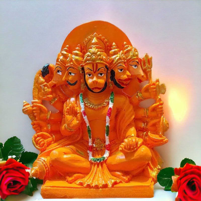 Shrigopal Panchmukhi Hanuman Marble Dust Statue/ Bajrangbali Idol for Home Decorative Showpiece  -  5 cm(Crystal, Orange)
