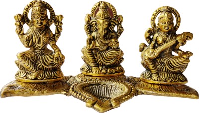 9dzine Metal Lakshmi Ganesh Saraswati With Diya Idol Gold Plated Decorative Showpiece  -  11.5 cm(Metal, Gold)