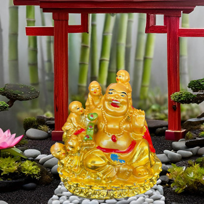 salvusappsolutions Marble Dust Feng Shui Golden Laughing Buddha for Good Luck & Gift (2.5 inch) Decorative Showpiece  -  6 cm(Marble, Gold)