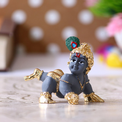 eCraftIndia Gold Plated Laddu Gopal/Lord Krishna Decorative Showpiece Decorative Showpiece  -  5 cm(Polyresin, Grey, Gold)