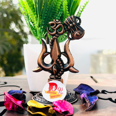SBBCO Trishul Damru with Stand Brass Statue for Vastu /Vahan /Office Protection Decorative Showpiece  -  8 cm(Metal, Brown)