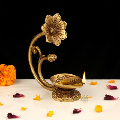 Banshi Handicrafts and Arts 15CM Brass Flower Deepak, Brass Diya Statue, Diwali Gift, Oil Burner, Temple Decorative Showpiece  -  15 cm(Brass, Gold)
