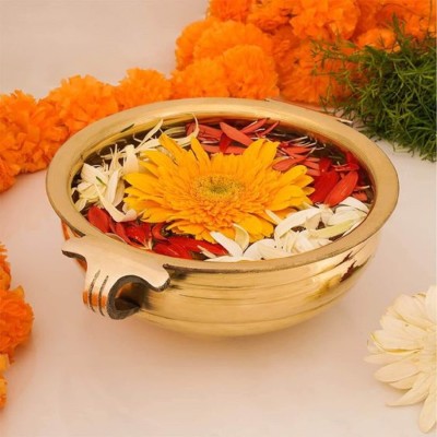 Denique Urli Bowl Flower Design Urli for Flowers and Candles Floating Bowl Home Decor Decorative Showpiece  -  5 cm(Brass, Gold)