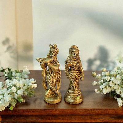 aakrati Lord Radha Krishna Statue Spiritual idols For Puja Vastu Religious Radha Kishan Pooja Gift item & Murti for Mandir Decorative Showpiece  -  7 cm(Brass, Yellow)