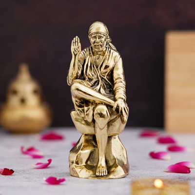 shyam antique creation 3 Inch Shirdi Lord Sai Baba Sitting Statue Sai Baba Idol for Car Decor Puja Room Decorative Showpiece  -  7.62 cm(Brass, Gold)