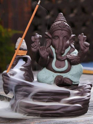 eCraftIndia Lord Gold Ganesha Smoke Backflow Cone Incense Holder Decorative Showpiece Decorative Showpiece  -  12 cm(Polyresin, Green, Brown)