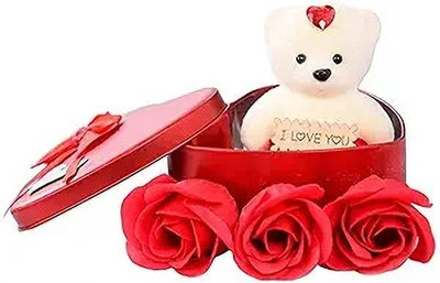 RamashramOnline Red Rose & Teddy Bear in Heart Shape Metal Gift Box | Valentine Gifts Decorative Showpiece  -  6 cm(Fabric, Multicolor)