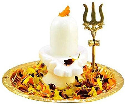 SBBCO White Marble shivling, Brass Pooja Plate, pooja thali, shivling trishul Decorative Showpiece  -  25 cm(Marble, Gold)