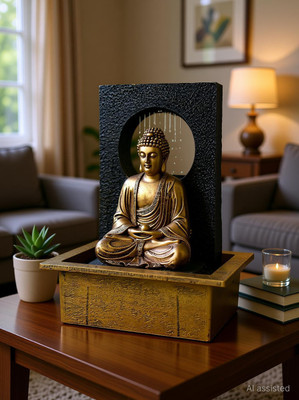 homicraft Sitting Buddha Water Fountain with LED Lights - Zen Garden Decor, Office Decorative Showpiece  -  30 cm(Polyresin, Brown, Black, Gold)
