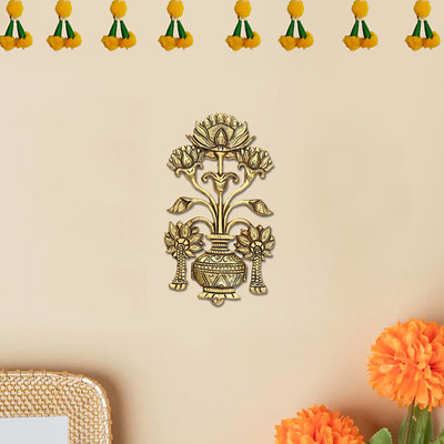 utsavicraft Handicraft Wall Hang Lotus flower with Vase Mangal Kalash Decorative Showpiece  -  19.5 cm(Brass, Gold)