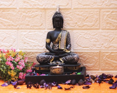 BECKON VENTURE Handicrafts Sitting Buddha idol For Home Decoration|buddha showpieces| Decorative Showpiece  -  28.5 cm(Polyresin, Silver, Black, Gold)