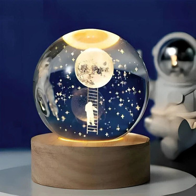 Spiricon 3D Moon Crystal Ball Lamp with Wooden Base Cosmic Decorative Accent Decorative Showpiece  -  7 cm(Crystal, Yellow)