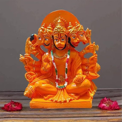 Artindia Panchmukhi Hanuman Statue Idol | Orange Sankat Mochan Balaji Bajrangbali Murti Decorative Showpiece  -  15 cm(Polyresin, Orange)