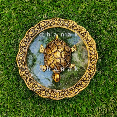 dhanak FengShui Tortoise Statue in GlassPlate Sculpted in Antique Finish Decorative Showpiece  -  13 cm(Metal, Glass, Gold)