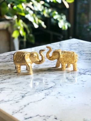 amishi blissful decor Trunk Up Elephant Mini Showpiece Decorative Items for Decoration Pack of -2 Decorative Showpiece  -  4 cm(Brass, Gold)