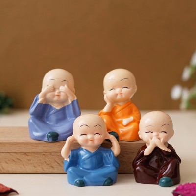 eCraftIndia Set Of 4 Cute Little Monk Buddha Statues Decorative Showpieces For Car Dashboard Decorative Showpiece  -  5 cm(Polyresin, Orange)