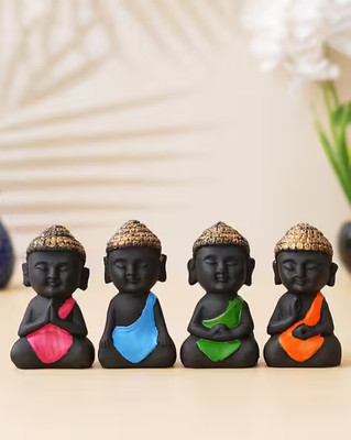 Need Goods Baby Monk Buddha 4 Set Little Mini Laughing Statue Decorative Showpiece  -  4 cm(Resin, Multicolor)