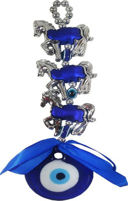Teezori Feng Shui Three Horse Evil Eye For Protection And Peace Decorative Showpiece  -  15 cm(Crystal, Blue)