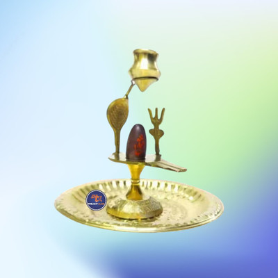 HUZUR JI Natural Narmadeshwar Shivling And Om Plate Decorative Showpiece  -  10 cm(Brass, Gold)