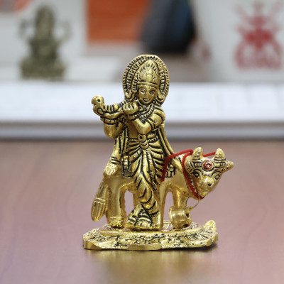 KridayKraft Kamdhenu Cow with Krishna idol Metal Statue for Pooja,Gau Mata Good Luck Animal Decorative Showpiece  -  10 cm(Metal, Gold)