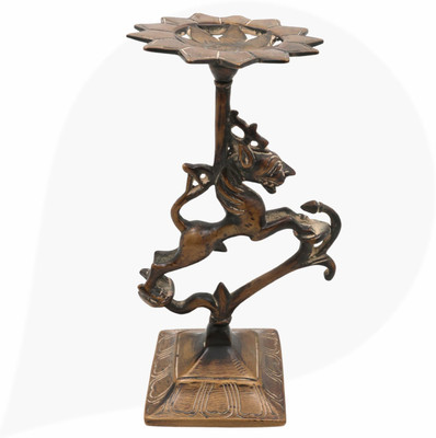 Bhunes Brass Yali Stand, Candle Holder, Gajja Singha Pooja Lamp In Antique Look Decorative Showpiece  -  22 cm(Brass, Brown)