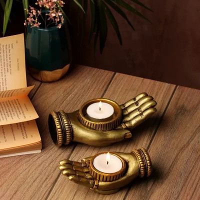 Banshi Handicrafts and Arts Beautiful Crafted Reusable Hand Candle Holders Decorative Showpiece  -  15 cm(Polyresin, Brown)