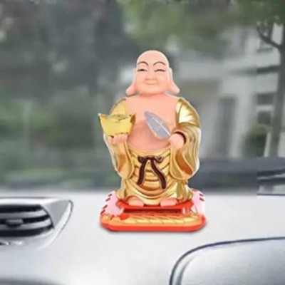 welno international Solar Laughing Buddha Holding Ingot & Waving Fan Moving Head & Fan for Good Luck Decorative Showpiece  -  10.3 cm(Plastic, Gold)