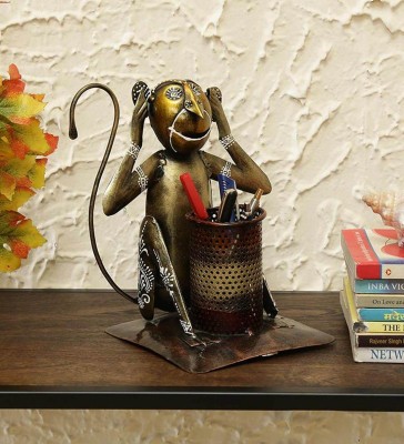 Green Tales Pen/Pencil Holder with Attractive Monkey for Home Office Desk Decorative Showpiece  -  9 cm(Metal, Gold)