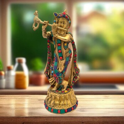 BrassAura Brass Krishna Bhagwan Idol Murli Kishan Murti Standing Playing Flute 2.2 Kg Decorative Showpiece  -  25.4 cm(Brass, Multicolor)