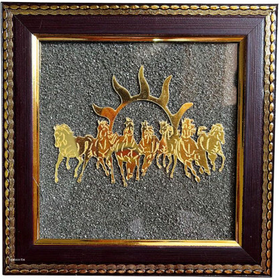 Agatesvibe Golden 7 Horses with Sun Natural Raw Pyrite Frame Decorative Showpiece  -  18.5 cm(Wood, Brown)